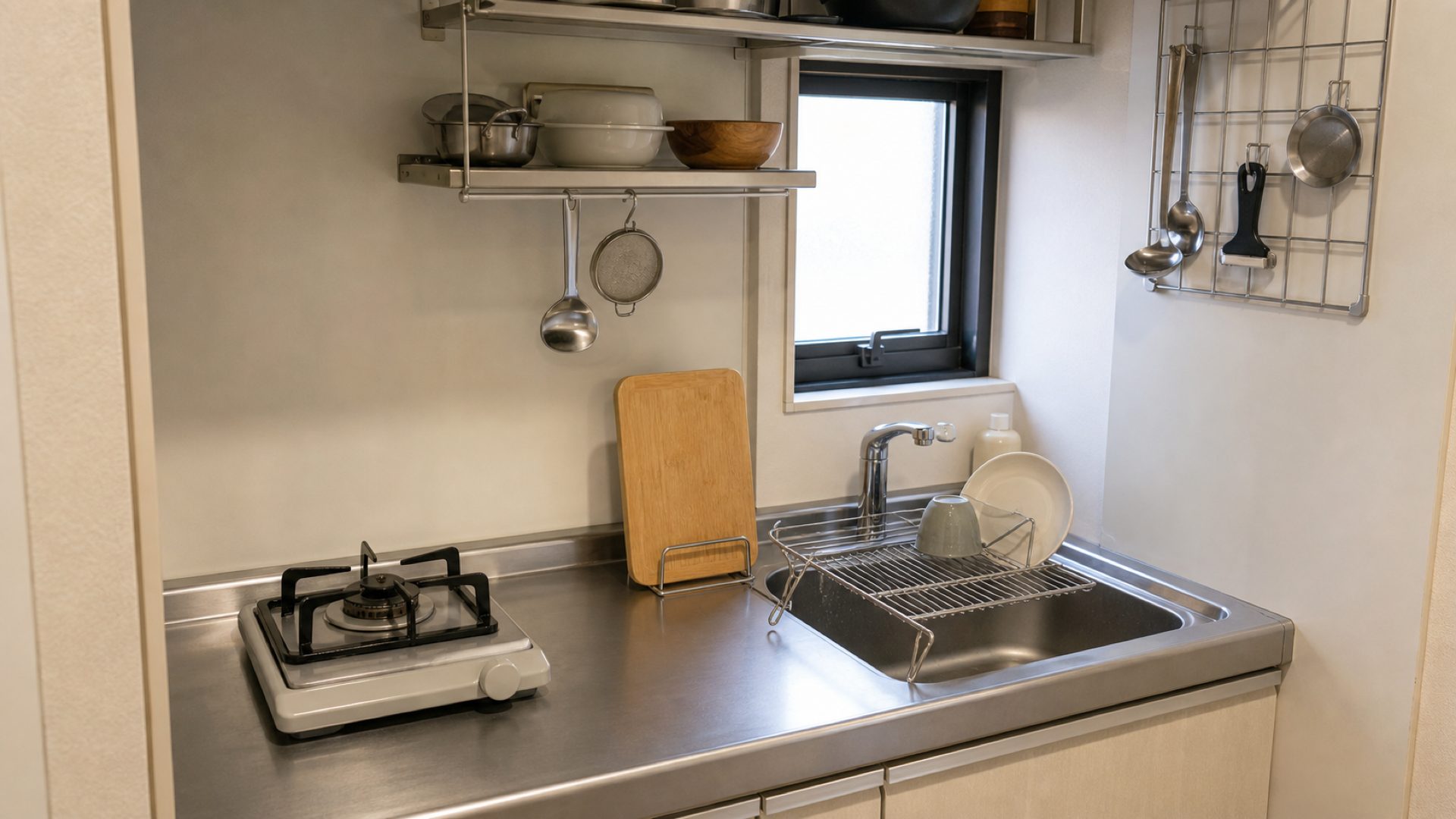 A small Japanese kitchen with a cutting board standing upright and a folding rack over the sink (illustration)