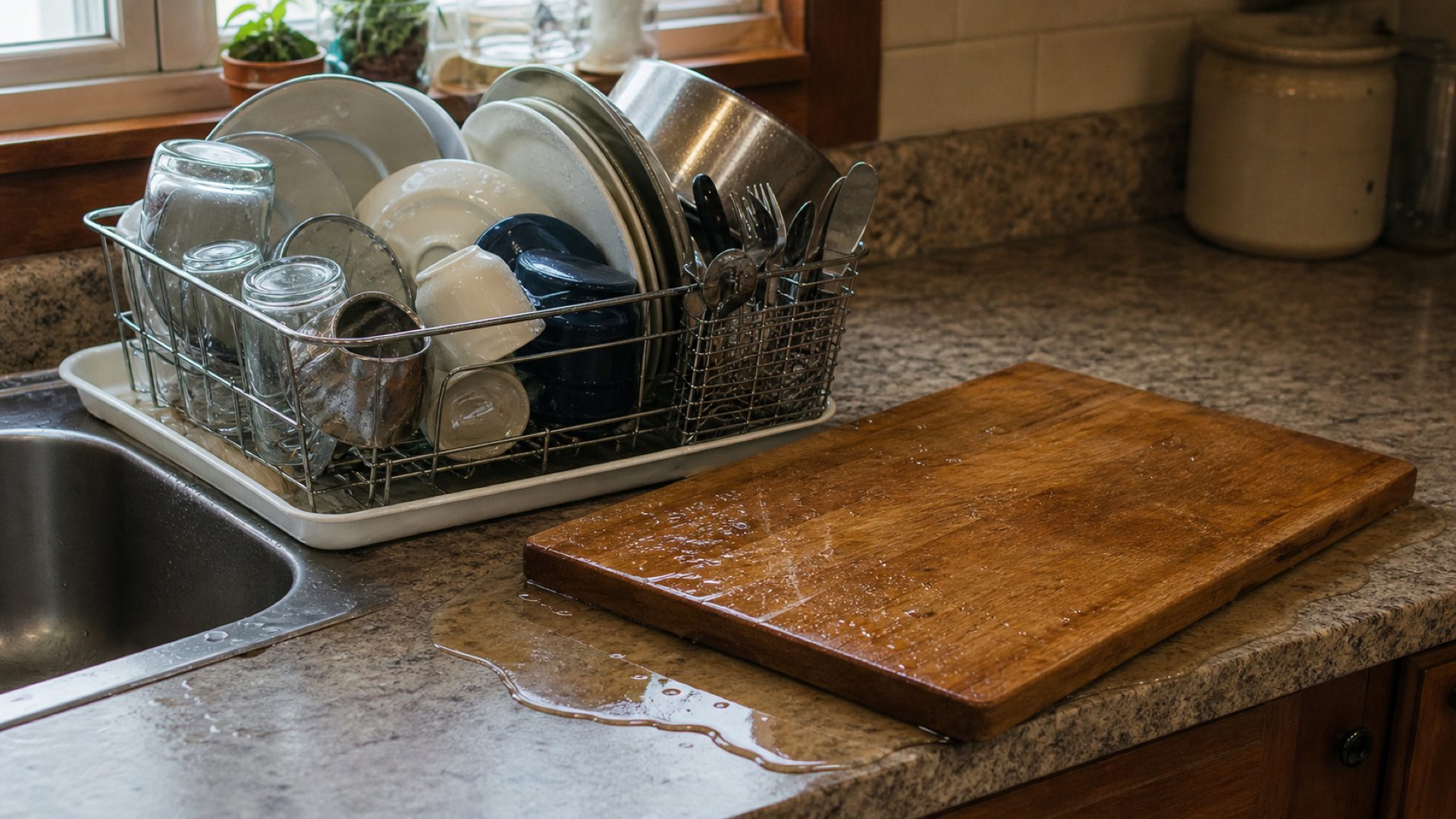 A large dish rack next to a cutting board lying flat on a wet counter (illustration)