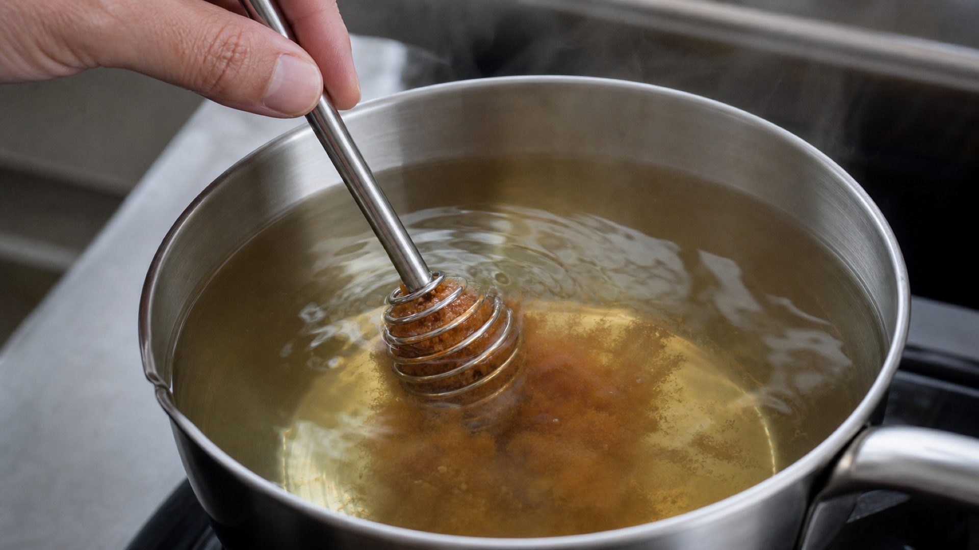 A spiral muddler swirling miso into a pot of broth (illustration)