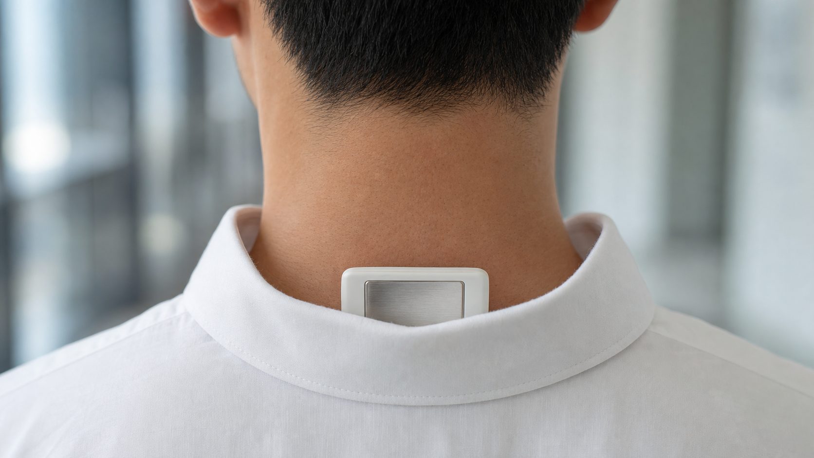 A small thermoelectric neck cooler under a shirt collar (illustration)