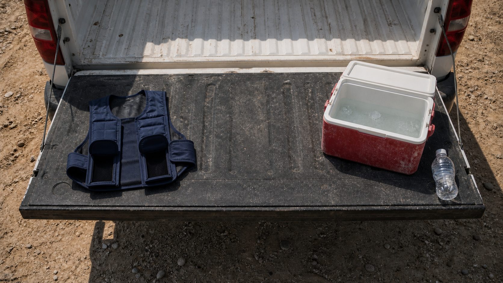 Ice-pack vest and a cooler on a pickup tailgate (illustration)